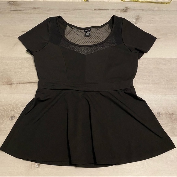 Torrid Short Sleeve Mesh Neckline Plus Pinup Coquette Peplum Top, Black, 0plus - Picture 1 of 9